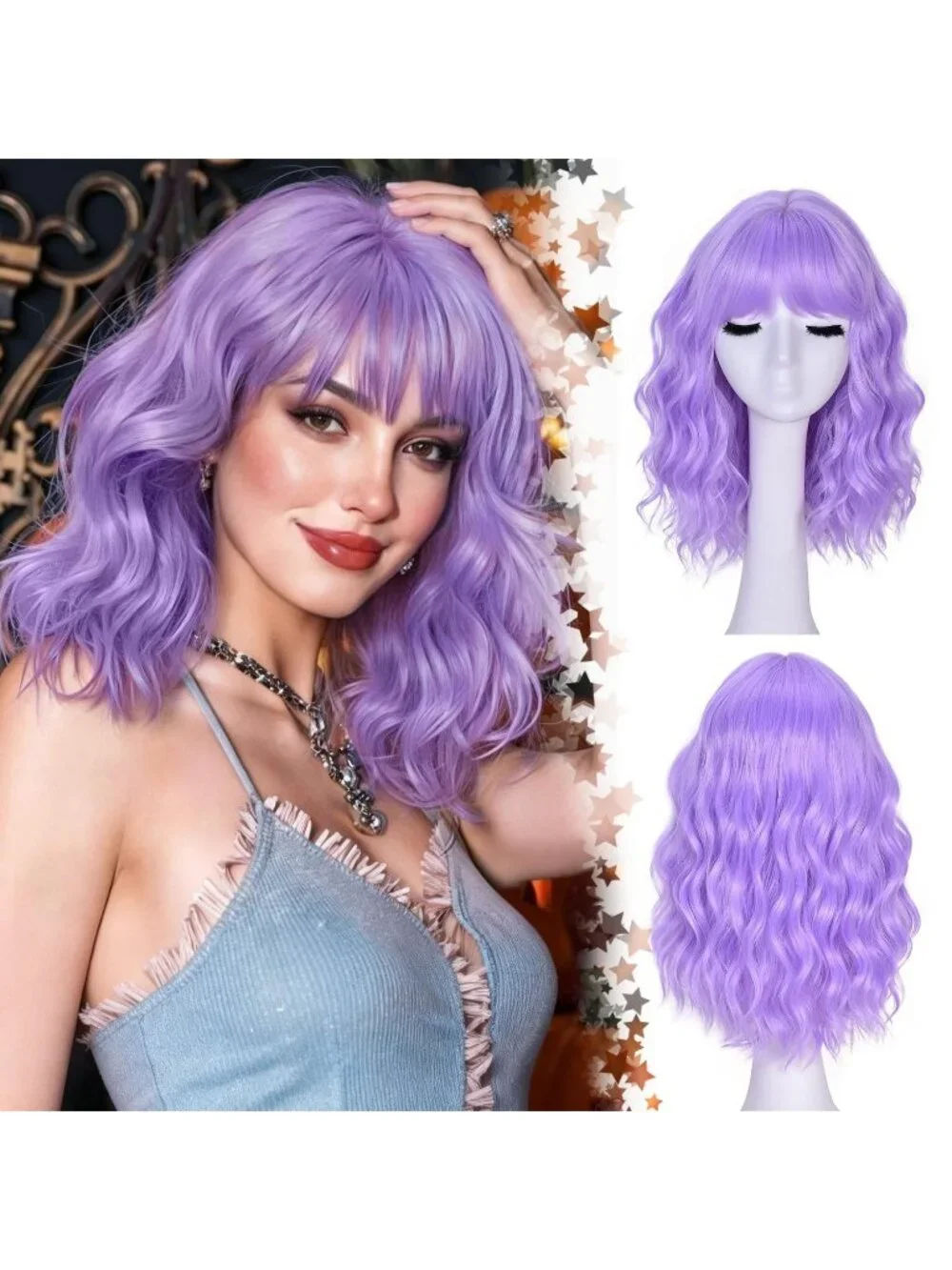 Women's Purple 14 Inch Natural Synthetic Short Curly Wavy Fiber Wigs